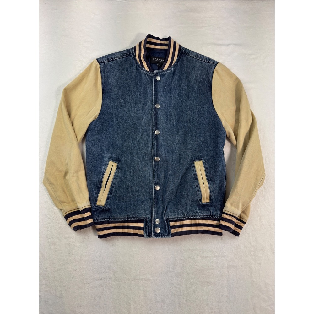PacSun Mens Denim Varsity Bomber Jacket Corduroy Sleeves Blue Tan Small RN090233